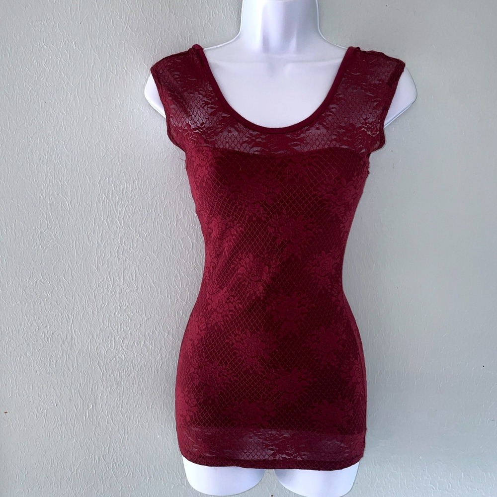 Vintage Y2K Mesh Lace Floral Burgandy Red Fitted Top Long Sheer Vamp Goth Small - Picture 3 of 9